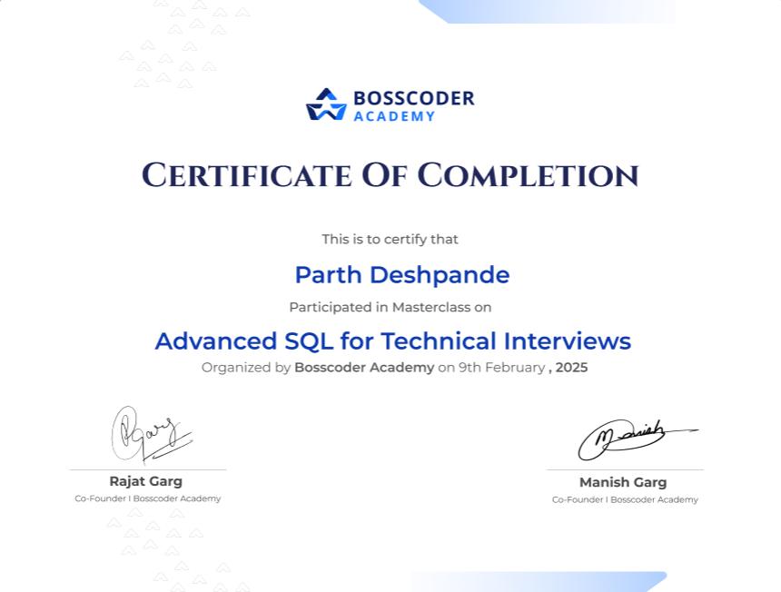 Bosscoder Advanced SQL Certificate