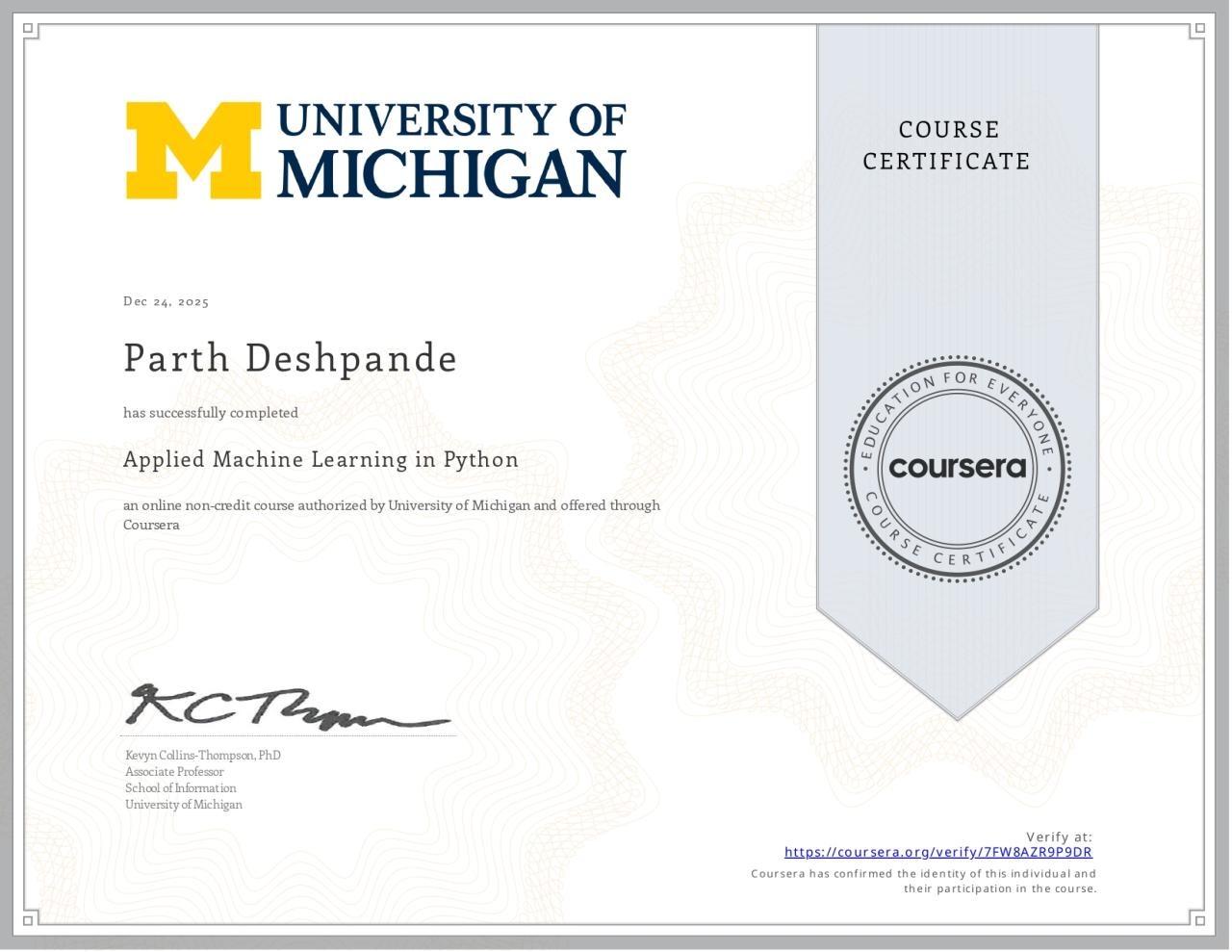 University of Michigan ML Certificate