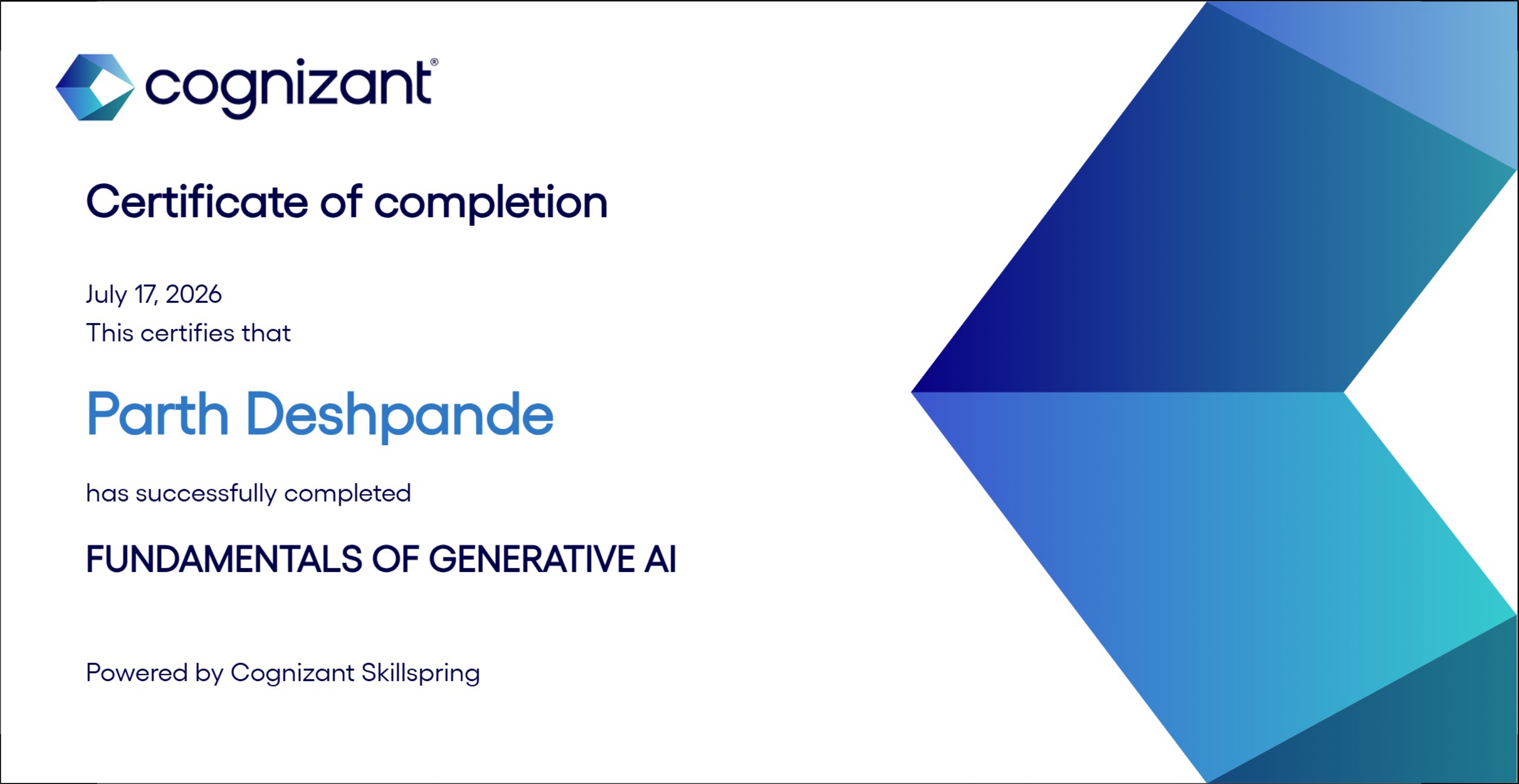 Cognizant Fundamentals of Generative AI Certificate