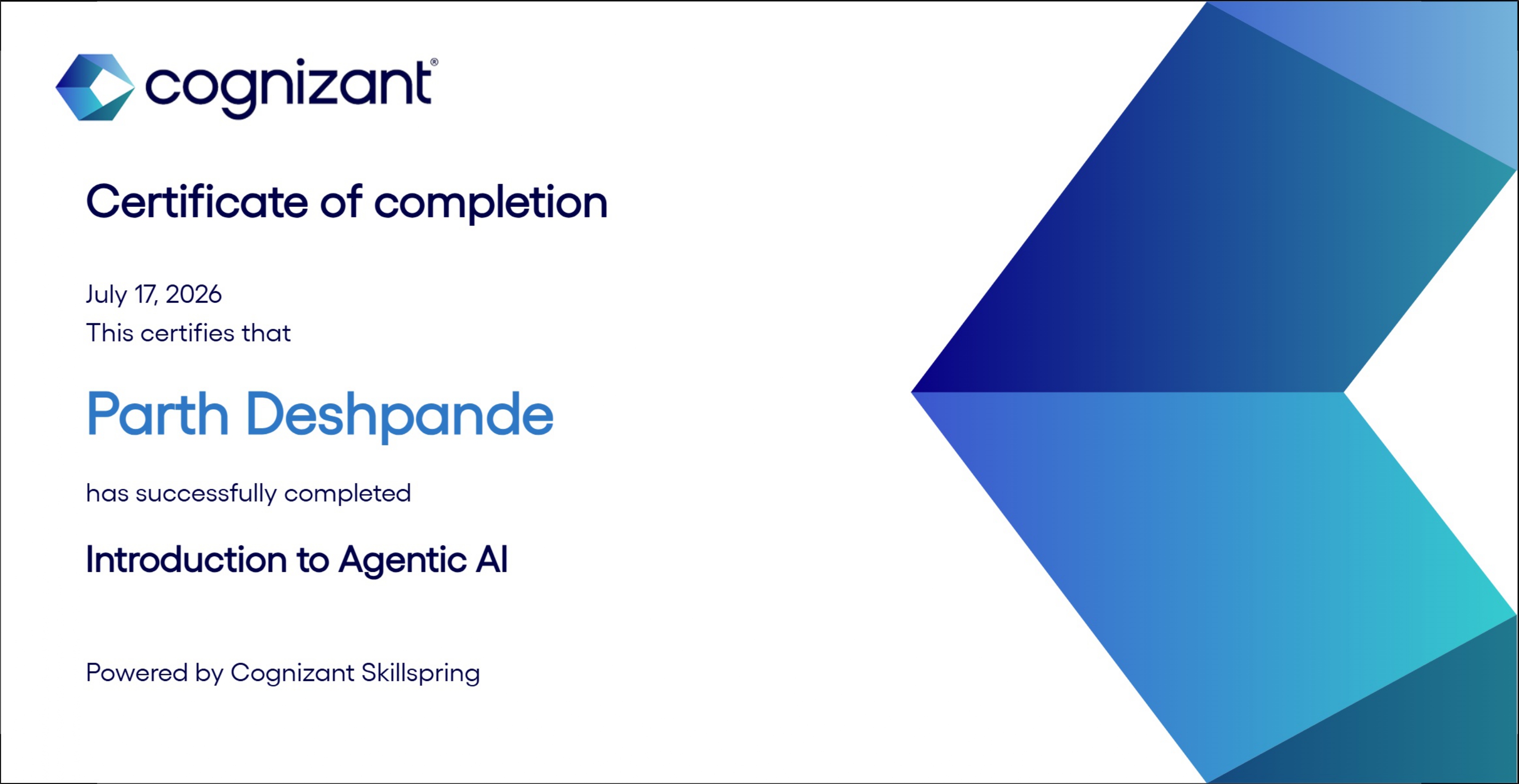 Cognizant Introduction to Agentic AI Certificate